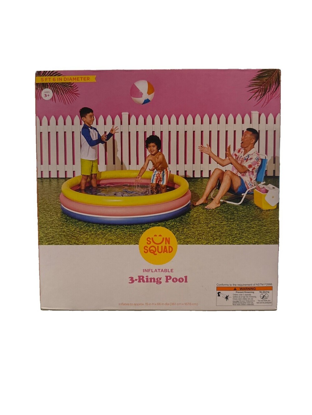 Sun Squad Target 3 Ring Kiddie Pool 66" Yellow Pink Blue Inflatable NEW